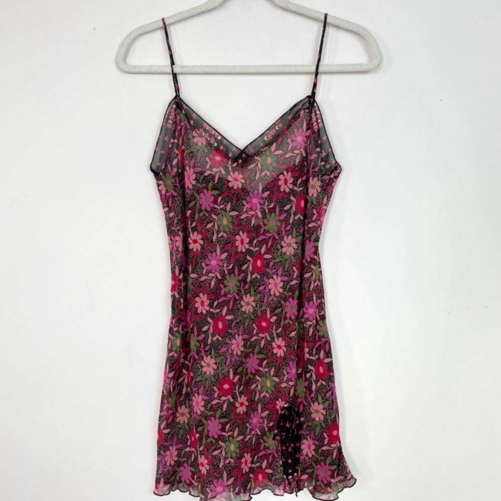 Vintage Y2K Natori Floral Silky Satin Slip Nighty Nightgown Sheer Layering